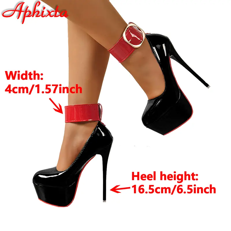 Aphixta 4cm Belt Buckle Platform Pumps Round Toe 16.5cm Thin Heel Ankle Strap High Heel Women Summer Spring Shoes Big Size 49 50