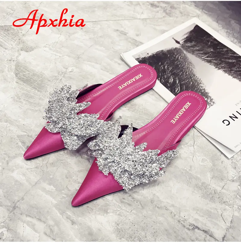 Aphixta  Appliques Crystals Silk Women Slippers Fashion Mules Rose Red Flat Heel Autumn Flowers Pointed Toe Slides