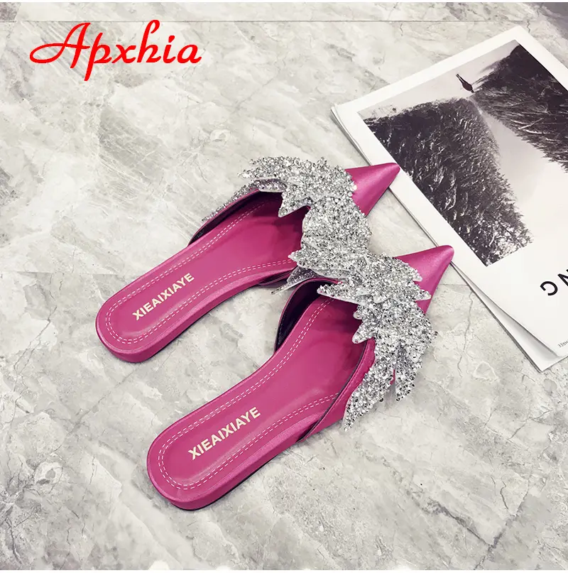 Aphixta  Appliques Crystals Silk Women Slippers Fashion Mules Rose Red Flat Heel Autumn Flowers Pointed Toe Slides