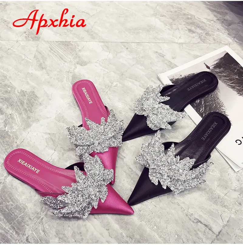 Aphixta  Appliques Crystals Silk Women Slippers Fashion Mules Rose Red Flat Heel Autumn Flowers Pointed Toe Slides