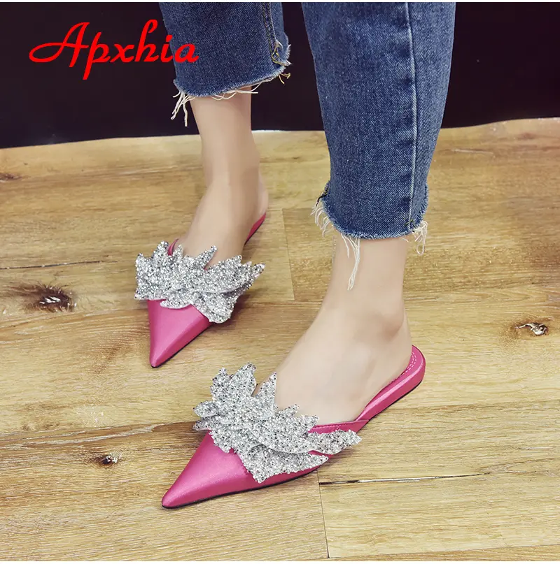 Aphixta  Appliques Crystals Silk Women Slippers Fashion Mules Rose Red Flat Heel Autumn Flowers Pointed Toe Slides