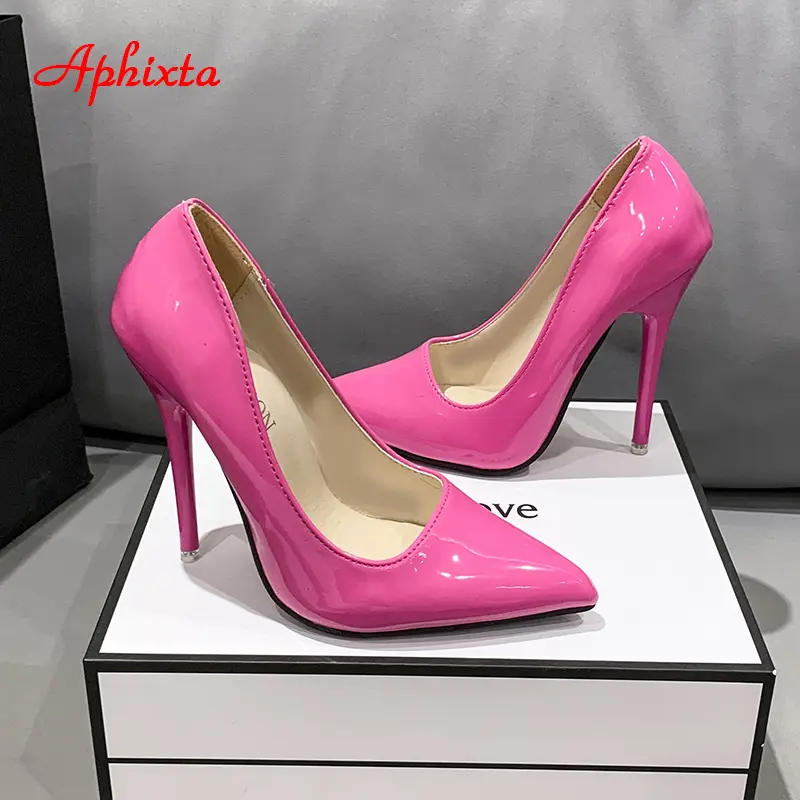 Aphixta New 4.72Inch Super High Stiletto Heels Patent Leather Women Pumps Colorful Officia Pointed Toe Shoes Plus Big Size 49 50
