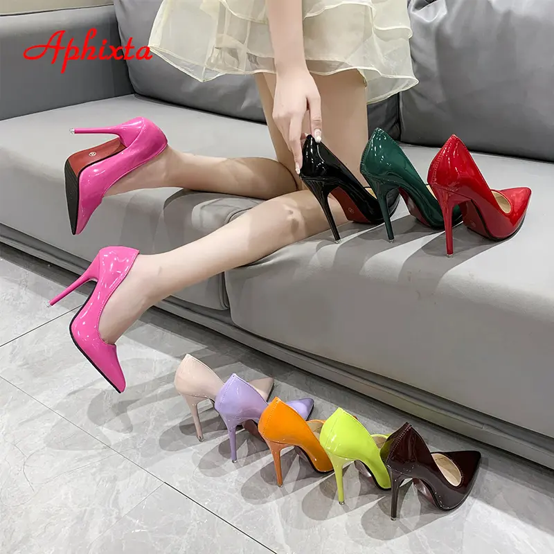 Aphixta New 4.72Inch Super High Stiletto Heels Patent Leather Women Pumps Colorful Officia Pointed Toe Shoes Plus Big Size 49 50