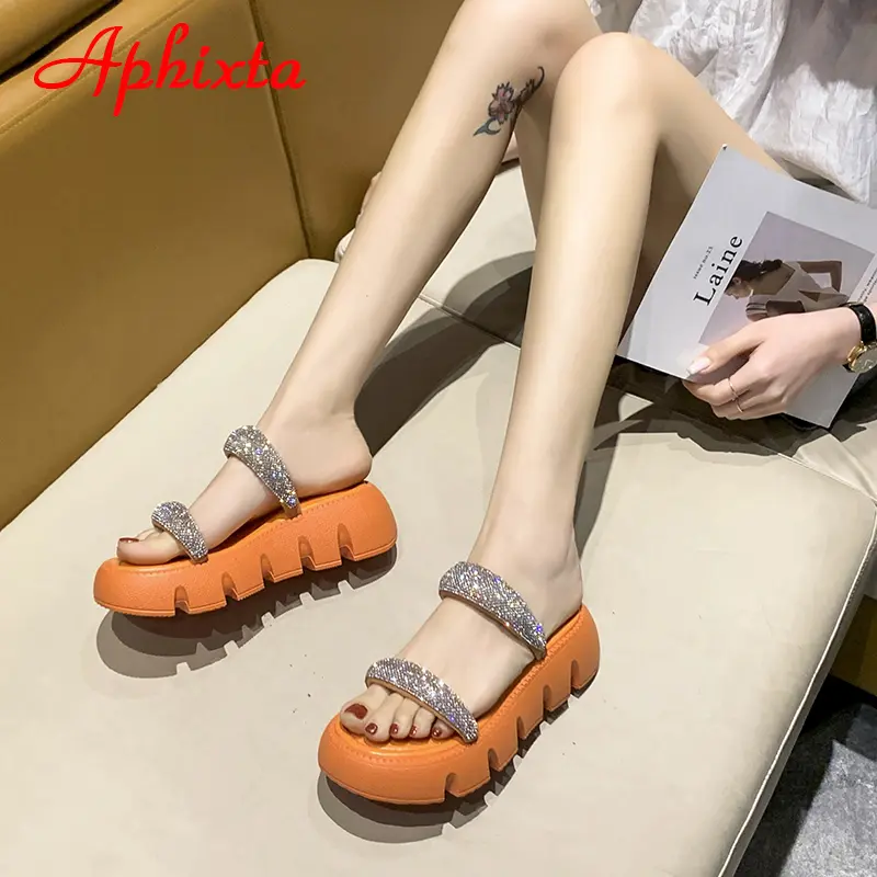 Aphixta 2025 New Summer Flat Platform Orange Slippers Women Sandals Luxury Crystals Shoes 5cm Chunky Sole Cool Slides