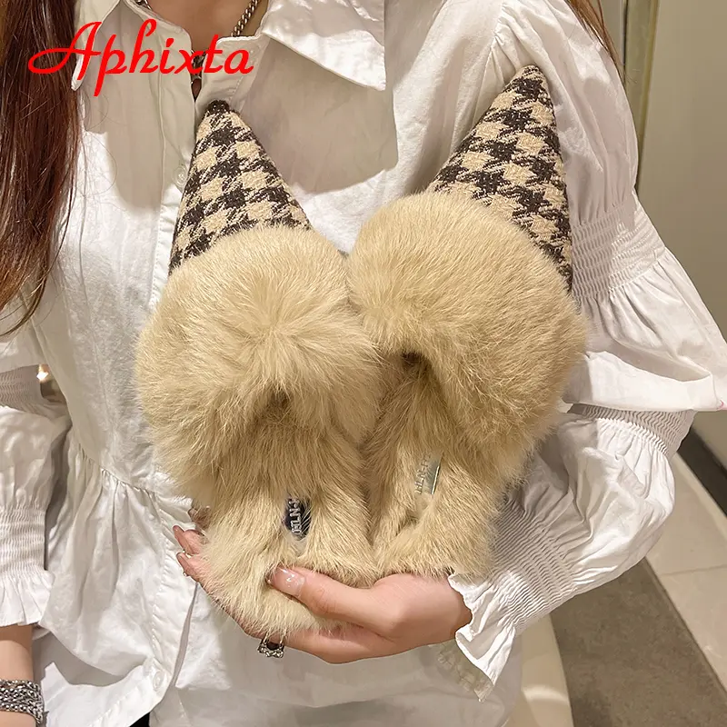 Aphixta New Warm Winter Real Rabbit Fur Plush Women Slippers Birds Furry Plaid Shoes Pointed Toe Flat Heel Hair Slides