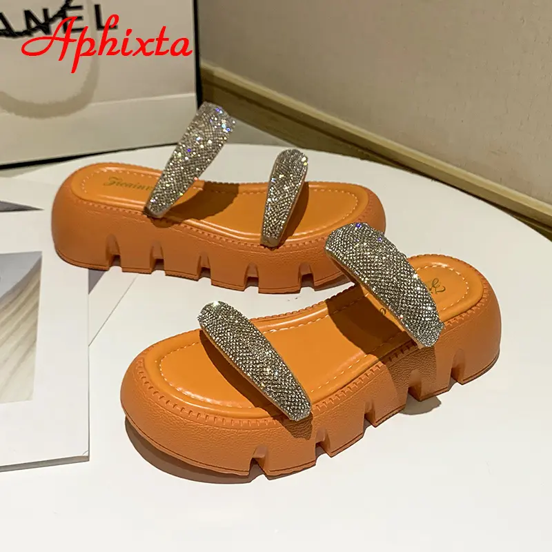 Aphixta 2025 New Summer Flat Platform Orange Slippers Women Sandals Luxury Crystals Shoes 5cm Chunky Sole Cool Slides