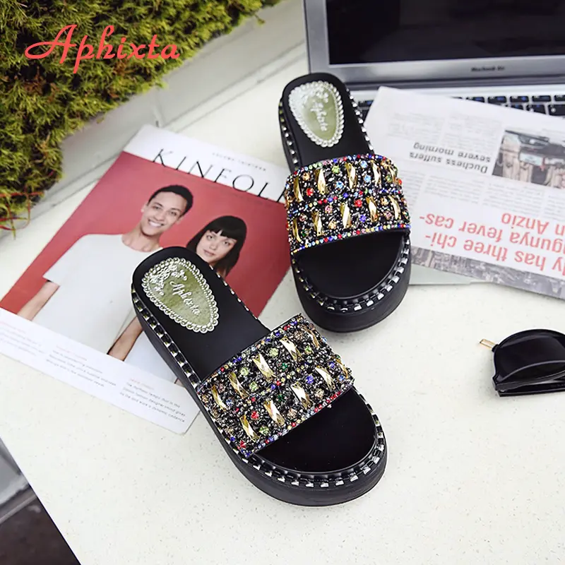 Aphixta Platform Rhinestone Sandals Slippers Women Gemstone Slides Women Shoes Wedge Slippers String Bead Beach Slides Shoes