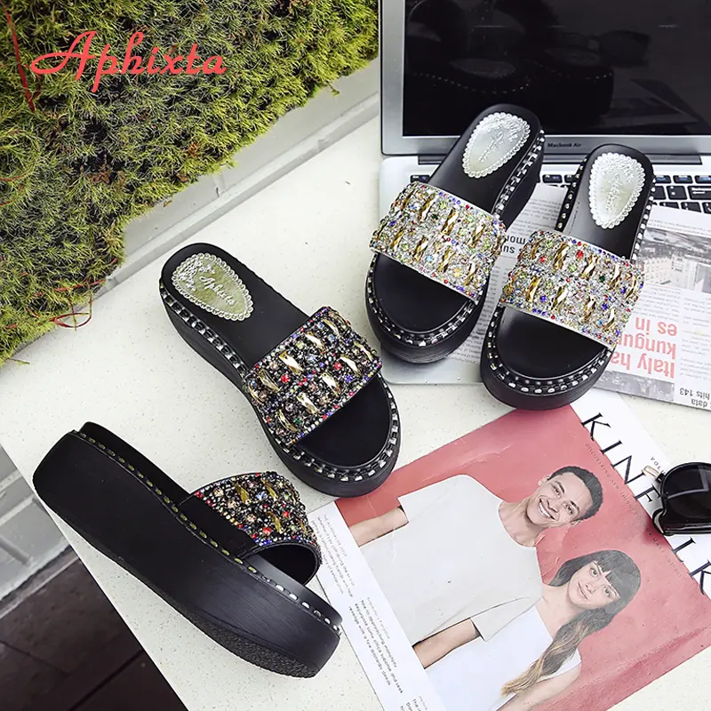 Aphixta Platform Rhinestone Sandals Slippers Women Gemstone Slides Women Shoes Wedge Slippers String Bead Beach Slides Shoes