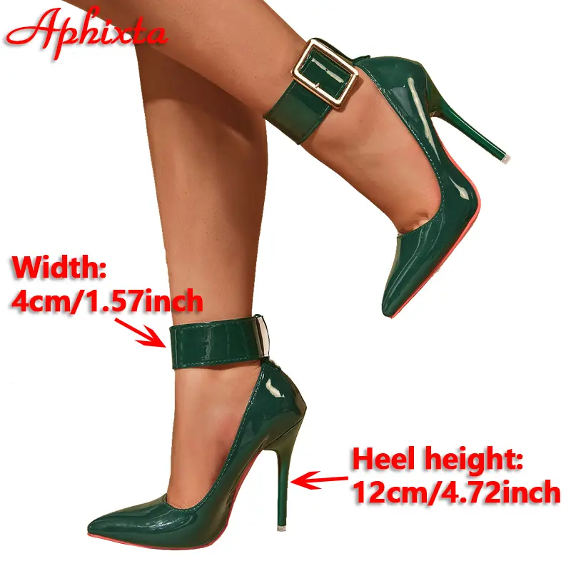 Aphixta 12cm High Stiletto High Heel Belt Buckle Pumps Women Shoes Starp Patent Leather 10cm Dark Green Pointed Toe Super Big 50
