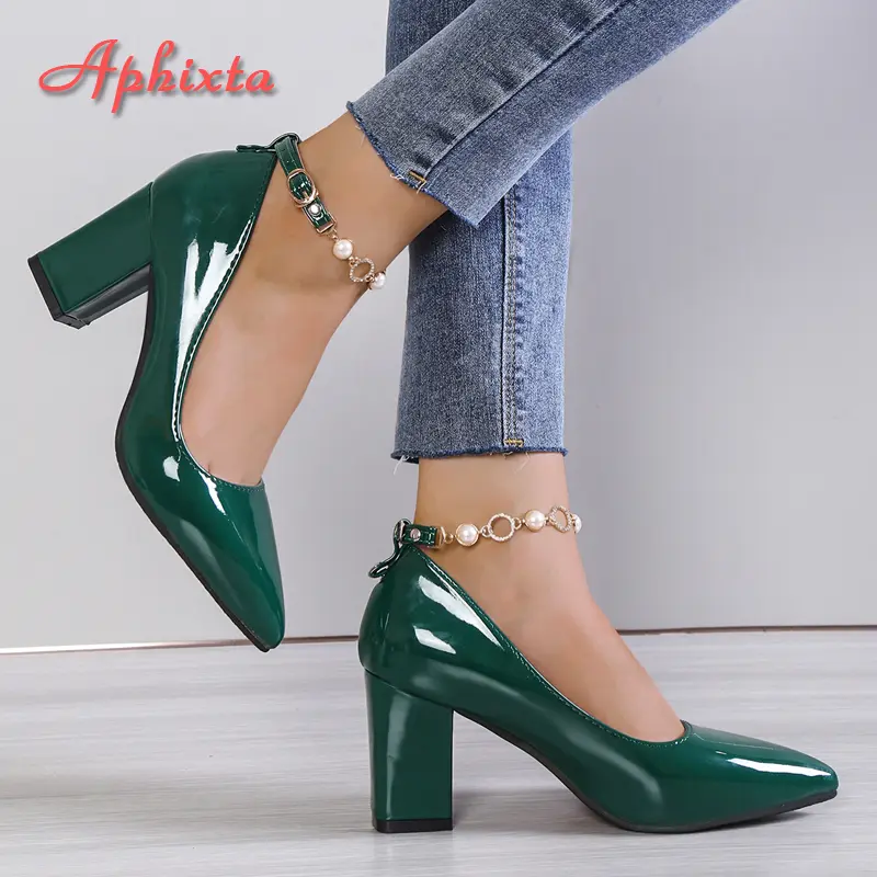 Aphixta 2024New Luxury Rhinestone Pearl Chain 7cm Chunky Heels Pumps Women Shoes String Bead Pointed Toe Bling Crystals Pumps