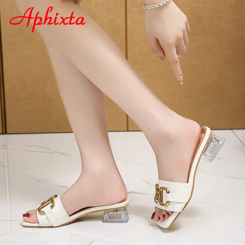 Aphixta 2025 Metal Buckle 3.5cm Transparent Square Heels Slides Women Peep Toe Mules Cool Summer Slippers Sandals Elegant Shoes