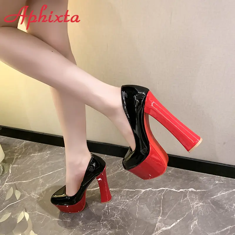 Aphixta Super High Heels 16.5cm Chunky Heels 5.5cm Platform Pumps Double Color Blocking Women Party Dance Pumps