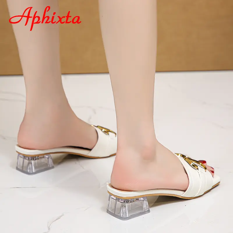 Aphixta 2025 Metal Buckle 3.5cm Transparent Square Heels Slides Women Peep Toe Mules Cool Summer Slippers Sandals Elegant Shoes