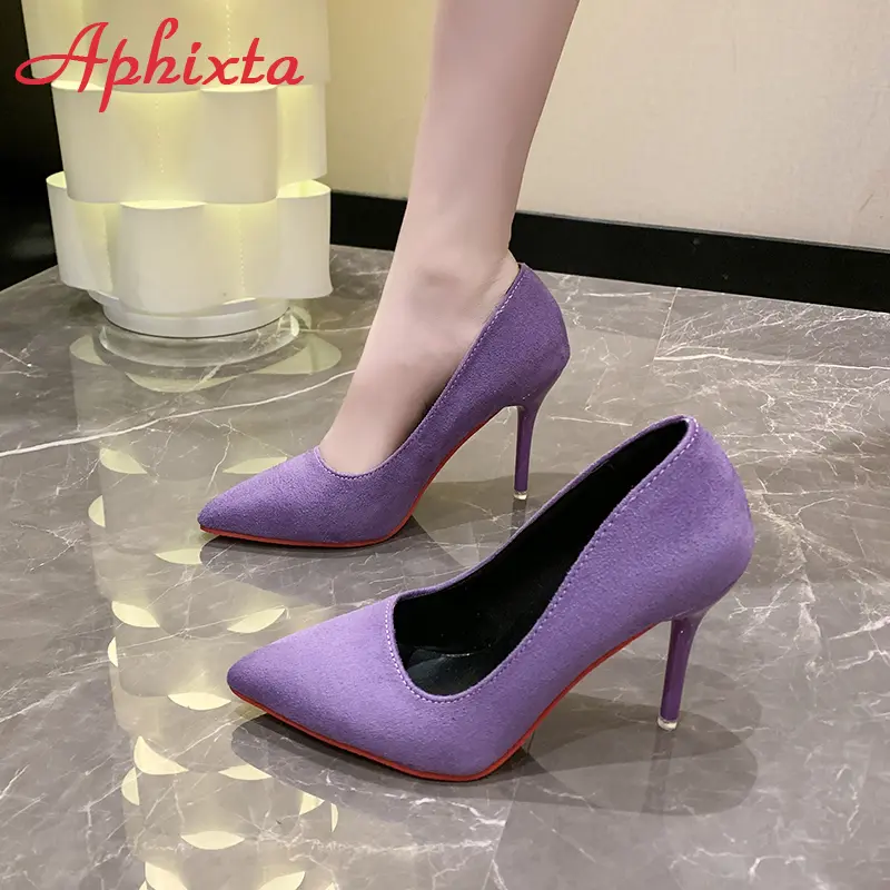 Aphixta 3.54 Inch Purple High Stiletto Heels Pumps Women Solid Office Flock Pointed Toe Party Shoes Red Sole Large Size 49 50