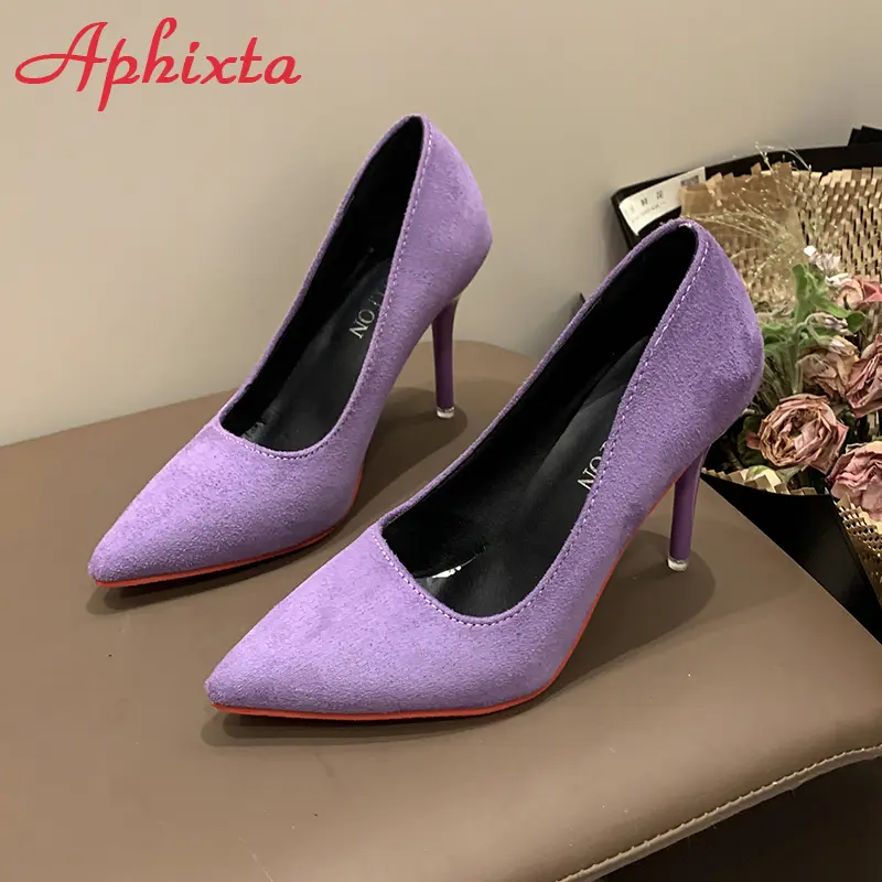 Aphixta 3.54 Inch Purple High Stiletto Heels Pumps Women Solid Office Flock Pointed Toe Party Shoes Red Sole Large Size 49 50