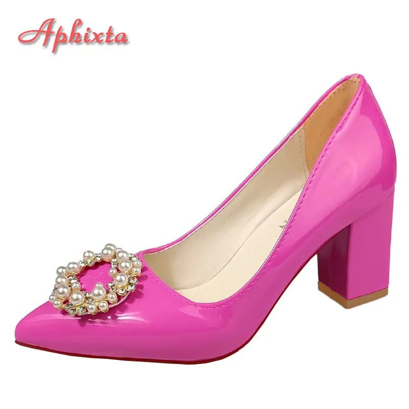 Aphixta New 7cm Square Heel Baby Pink Pearl Crystals Buckle Patent Leather Women Pumps Officile Pointed Toe Shoes Big Size 35-53