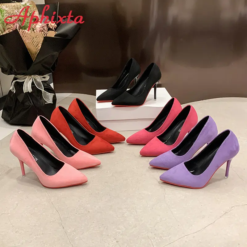 Aphixta 3.54 Inch Purple High Stiletto Heels Pumps Women Solid Office Flock Pointed Toe Party Shoes Red Sole Large Size 49 50