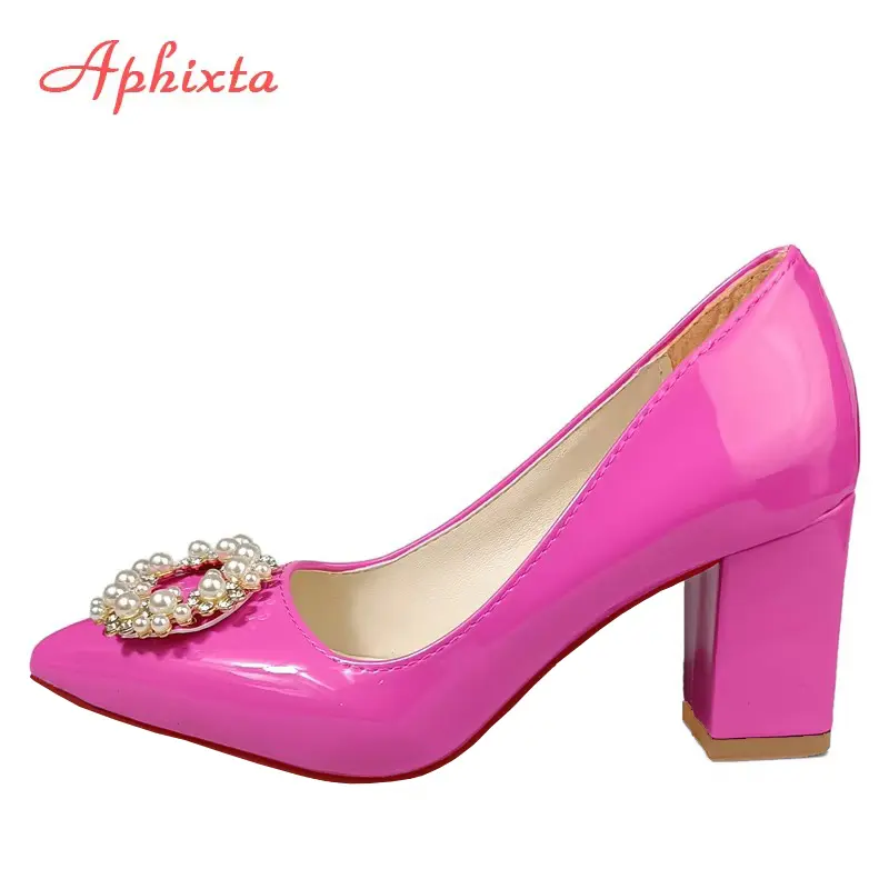 Aphixta New 7cm Square Heel Baby Pink Pearl Crystals Buckle Patent Leather Women Pumps Officile Pointed Toe Shoes Big Size 35-53