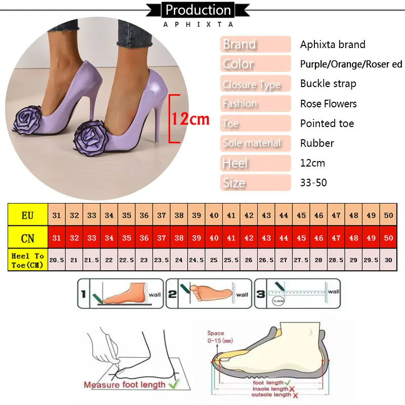 Aphixta New Super High 12cm Stiletto heels Pumps Women Shoes Purple Rose Flowers Appliques Colorful Party Pumps Big Size 33-50