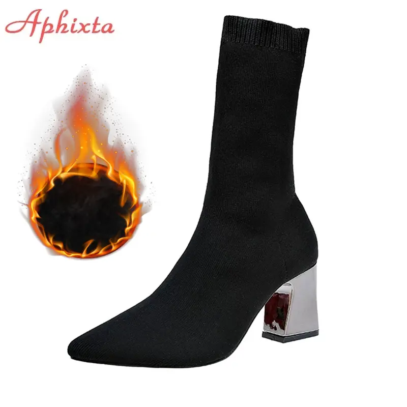 Aphixta Metal Color 7cm Square Heels Socks Boots Women Big Size 43 Stretch Fabric Elastic Pointed Toe Shoes Ankle Boot Woman