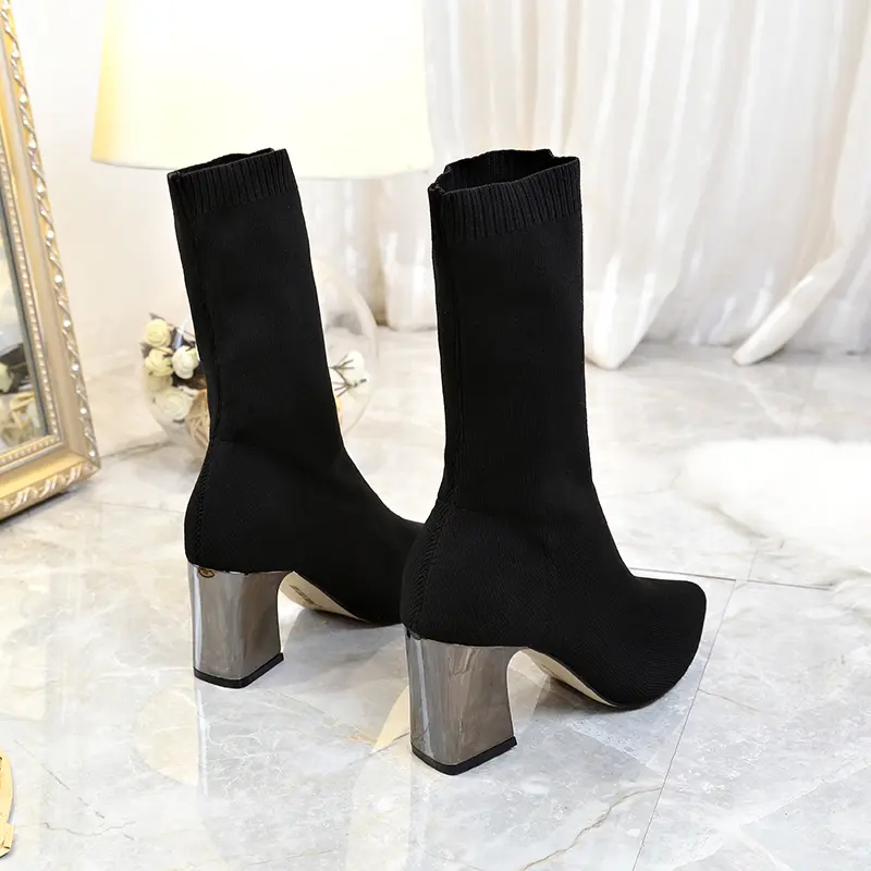 Aphixta Metal Color 7cm Square Heels Socks Boots Women Big Size 43 Stretch Fabric Elastic Pointed Toe Shoes Ankle Boot Woman