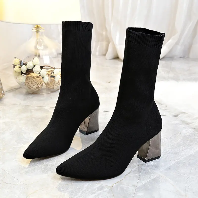 Aphixta Metal Color 7cm Square Heels Socks Boots Women Big Size 43 Stretch Fabric Elastic Pointed Toe Shoes Ankle Boot Woman