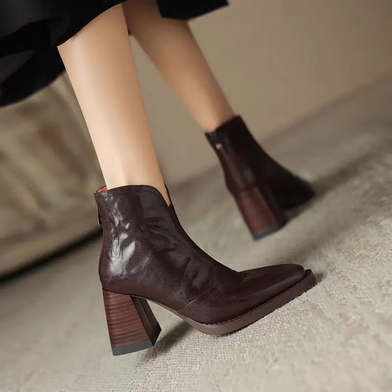 Aphixta Luxury Leather Women Ankle Boots Plush Warm Zipper Close Modern Boots High Heels Shoes Woman Boats botines para mujeres