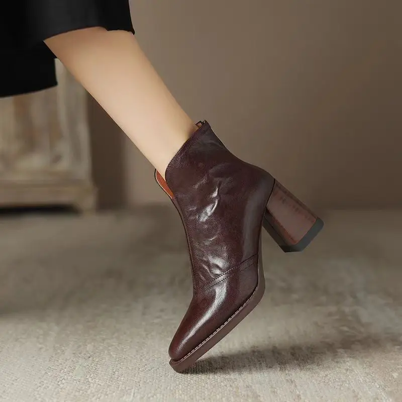Aphixta Luxury Leather Women Ankle Boots Plush Warm Zipper Close Modern Boots High Heels Shoes Woman Boats botines para mujeres