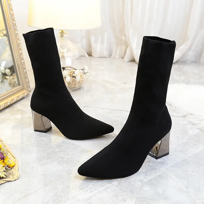 Aphixta Metal Color 7cm Square Heels Socks Boots Women Big Size 43 Stretch Fabric Elastic Pointed Toe Shoes Ankle Boot Woman