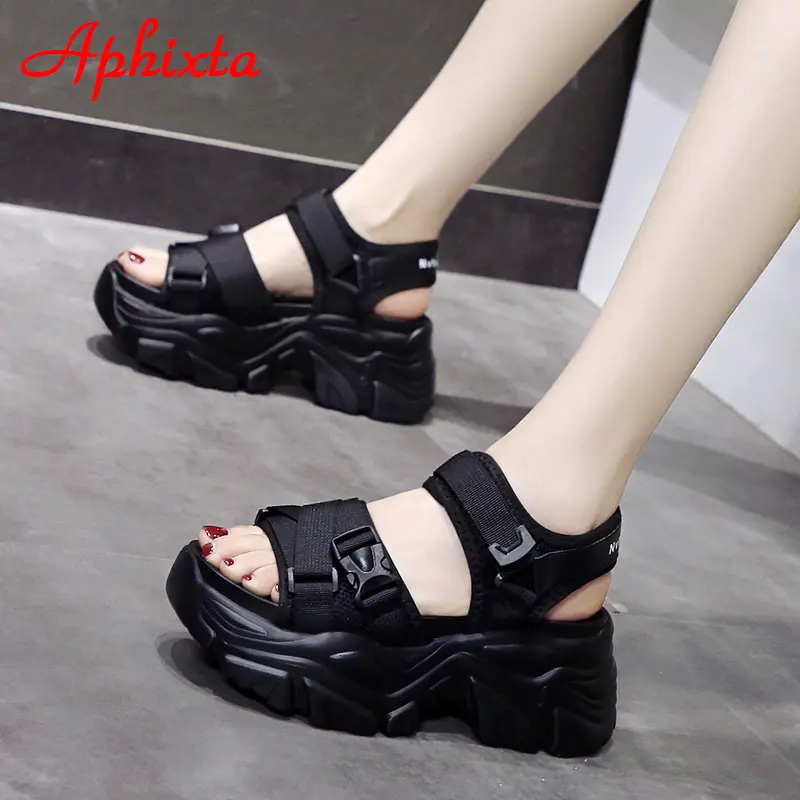 Aphixta New Buckle Height Increaming Canvas Platfom Sandals Women 3.15 Inch Wedge Heel Shoes Hook & Loop Thick Bottom Slides