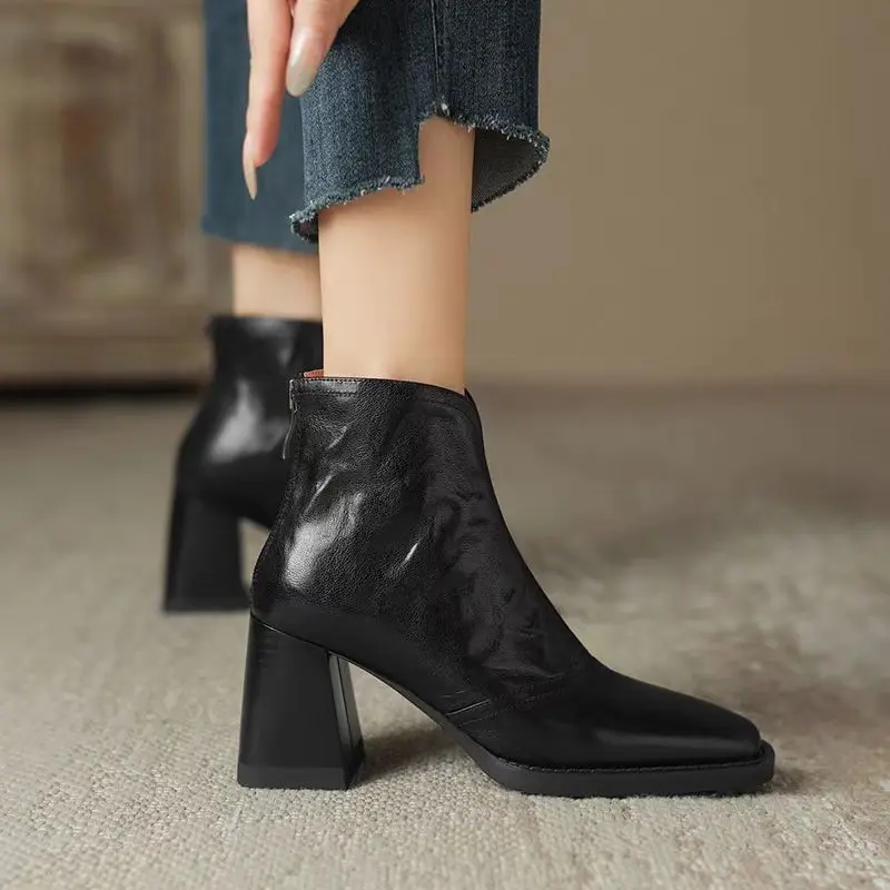 Aphixta Luxury Leather Women Ankle Boots Plush Warm Zipper Close Modern Boots High Heels Shoes Woman Boats botines para mujeres