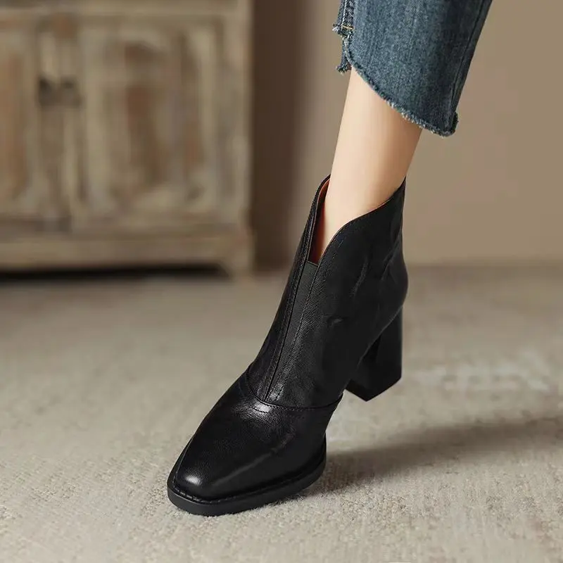 Aphixta Luxury Leather Women Ankle Boots Plush Warm Zipper Close Modern Boots High Heels Shoes Woman Boats botines para mujeres