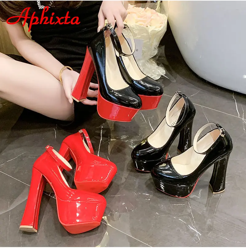 Aphixta 1cm Belt Buckle Red Party Disco Dance Pumps Women 5.5cm Platform 16cm Super High Chunky Heels Pumps Super Szie 48 49 50