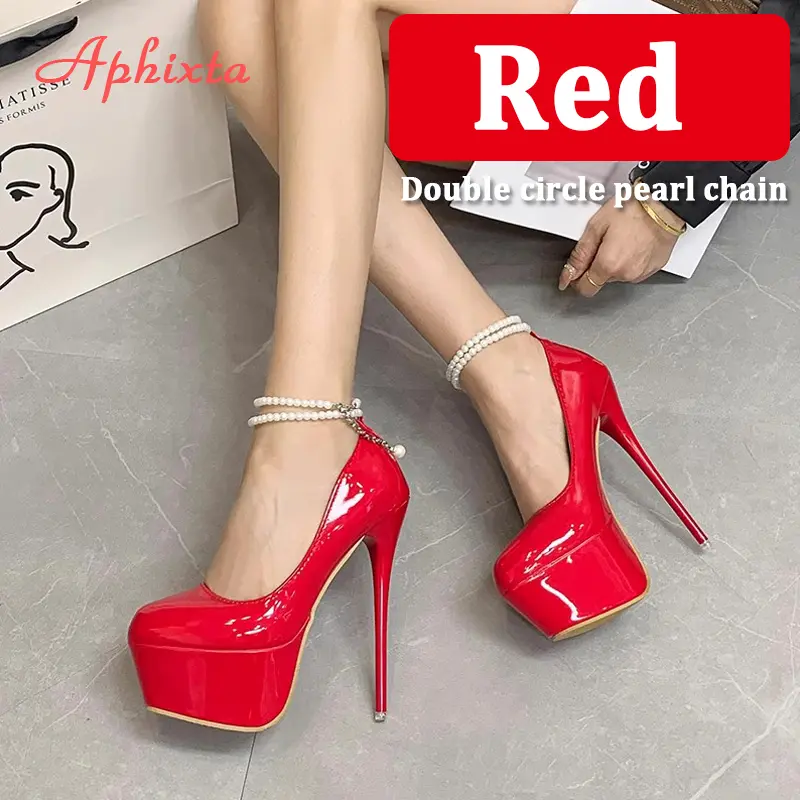 Aphixta Pearl Chain Party Disco Dance Pumps Women 5.5cm Platform Belt Pimp Buckle 16cm Super High Thin Heels Shoes Big Size 50