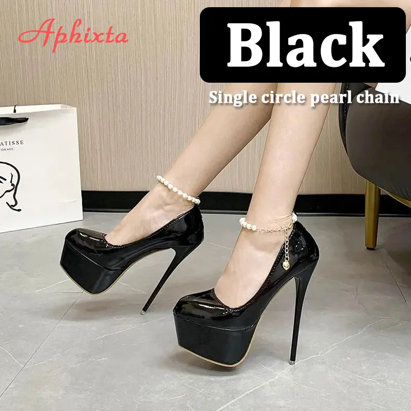 Aphixta Pearl Chain Party Disco Dance Pumps Women 5.5cm Platform Belt Pimp Buckle 16cm Super High Thin Heels Shoes Big Size 50