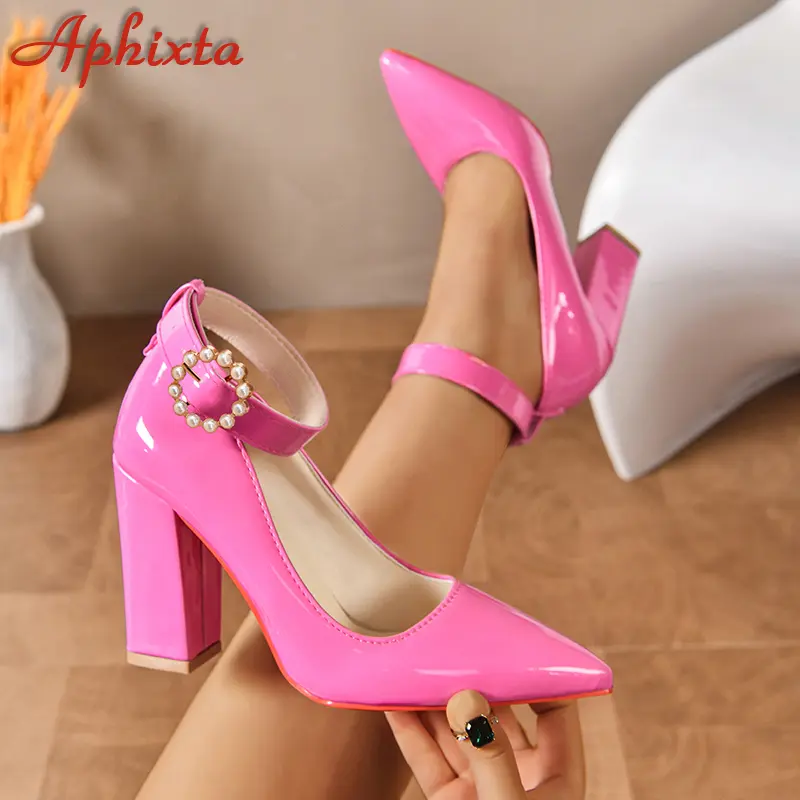 Aphixta 2025 Sexy 10cm Square Heels Pumps Women 2cm Belt Buckle Pimp Red Pearl Buckle Ankle Strap Shoes Pointed Toe Big Size 50