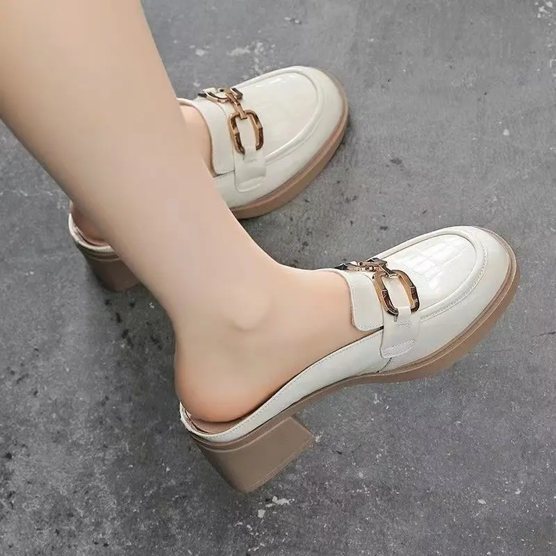 Aphixta 2025 Summer Half Slippers 5cm Square Heels Flip Flops Women Fashion Buckle Slides Snake Prints Sandals Cool Shoes