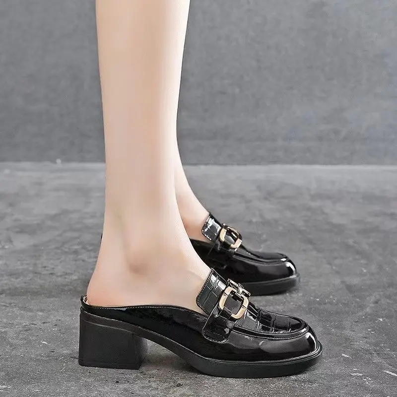 Aphixta 2025 Summer Half Slippers 5cm Square Heels Flip Flops Women Fashion Buckle Slides Snake Prints Sandals Cool Shoes