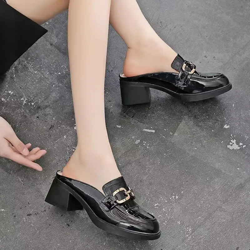 Aphixta 2025 Summer Half Slippers 5cm Square Heels Flip Flops Women Fashion Buckle Slides Snake Prints Sandals Cool Shoes