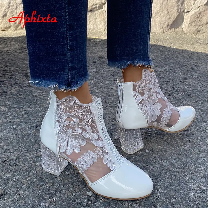 Aphixta Plus Size 43 Summer Breathable Sandals Boots Women Lace Air Mesh Crystals Transparent Square Heels Back Zipper Boots