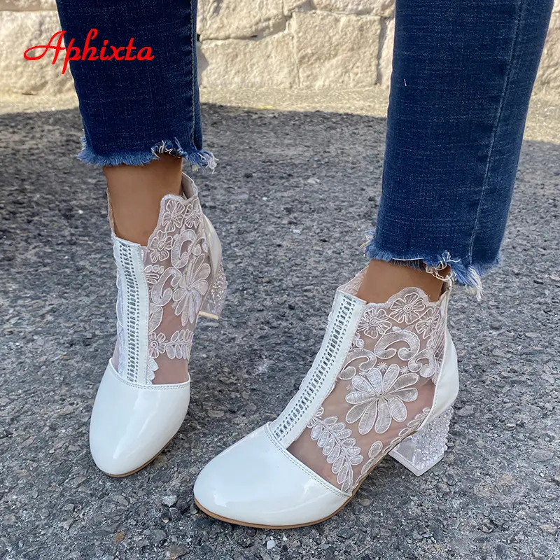 Aphixta Plus Size 43 Summer Breathable Sandals Boots Women Lace Air Mesh Crystals Transparent Square Heels Back Zipper Boots