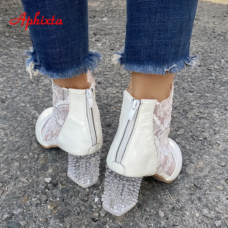 Aphixta Plus Size 43 Summer Breathable Sandals Boots Women Lace Air Mesh Crystals Transparent Square Heels Back Zipper Boots