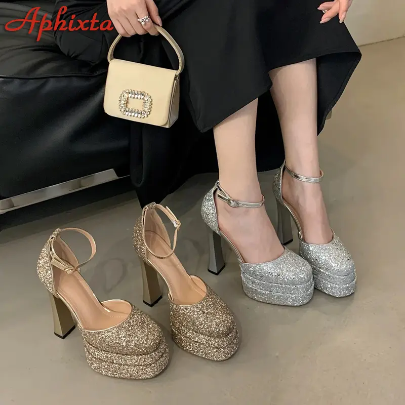 Aphixta Gradient Bling Color Women Pumps Chunky Round Fashion Platform Shallow Bling Belt Buckle Shoes Spring Sequin High Heels