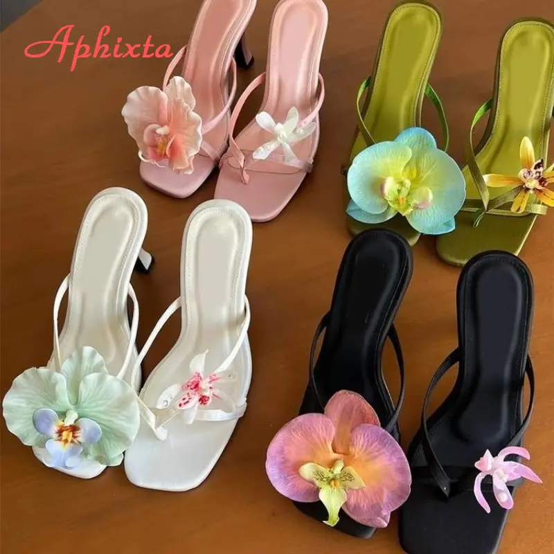 Aphixta High Heels Woman Mules Flip Flops Flower Summer High Heeled Women White Pink Floral Heels Square Toe Prom Slipper