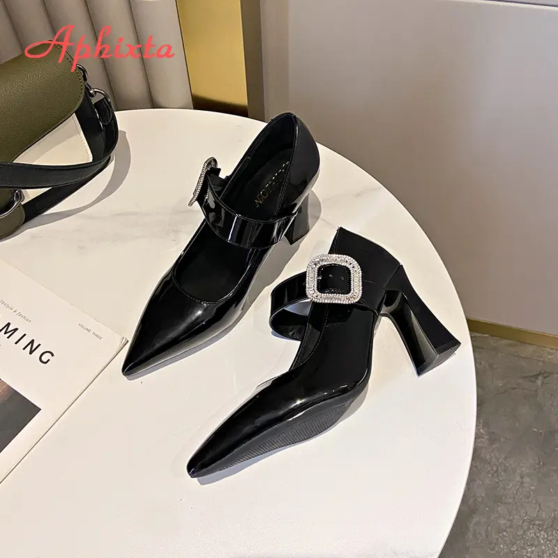 Aphixta Elegant Leather Pointed Toe Pumps Rhinestone Fashion Women Shoes Crystal Buckle High Heels Pumps Plus Big Size 35-45