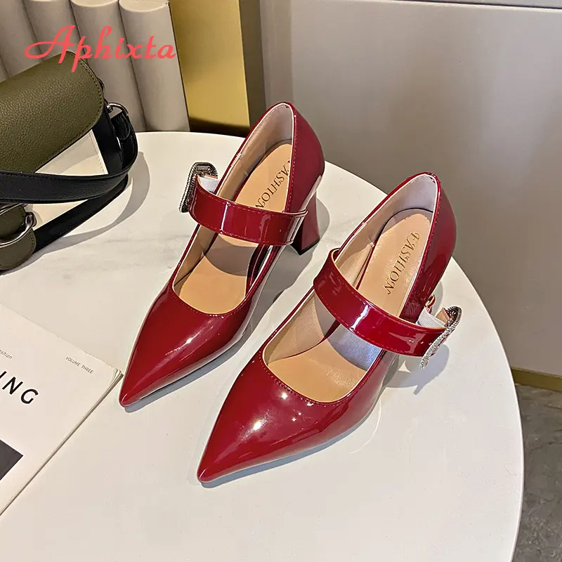 Aphixta Elegant Leather Pointed Toe Pumps Rhinestone Fashion Women Shoes Crystal Buckle High Heels Pumps Plus Big Size 35-45