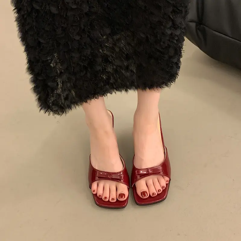 Aphixta Bow Knot Slides Square Toe Summer Shoes 6.5cm Thin Heel Slipper Women Casual Slides Outside Sandals Concise Slipper