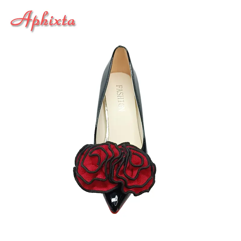 Aphixta Fashion Twins Roses Sticky Flowers 10cm Stiletto Heels Pumps Women Shoes Black Red Super High Pointed Toe Plus Big 49 50