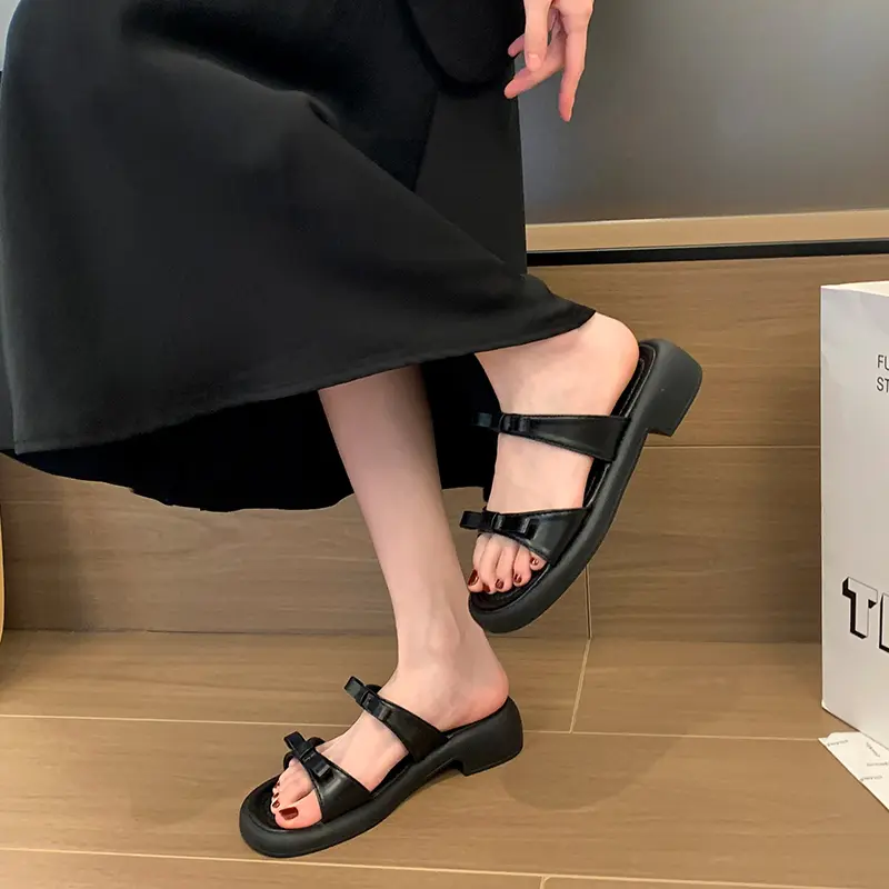 Aphixta Fashion Straps Summer Beach Shoes 4.5cm Square Heels Slippers Women Sweet Bow Mulers Outside Summer Sandals Shoe Slides