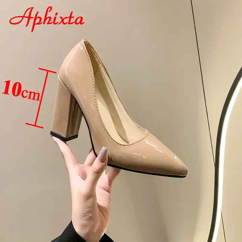 Aphixta 2025 New 10cm Square Heels Pumps Women Shoes Patent Leather Sexy Wedding Party Official Leisure Super Big Szie 31-50